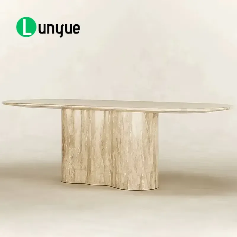 Scandinavian Long Dining Table Beige Natural Travertine Kitchen Restaurant Furniture Modern Minimalist Home Decor