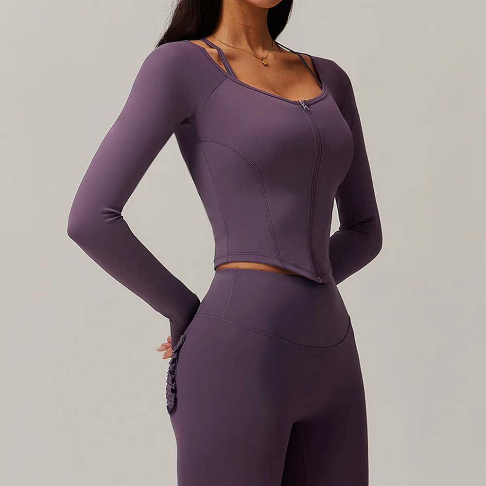 Zipper Long Sleeve Workout Top Gym Clothes Women Jacket Active Wear Sports Shirt Elastic Fitness Yoga Clothing Running Shirts