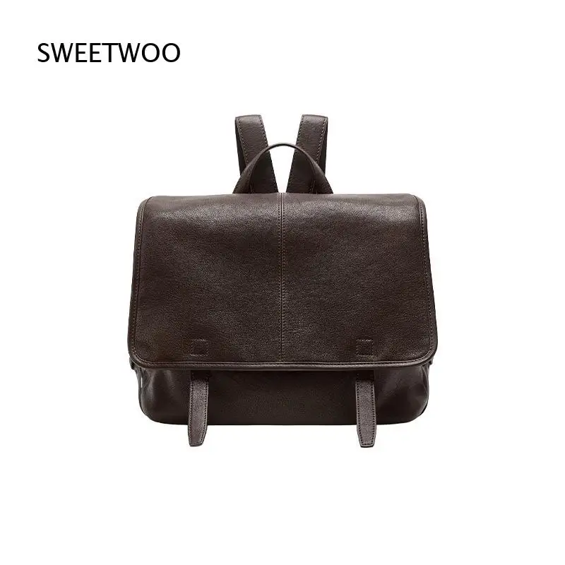 Vintage Brown Genuine Leather Flap Backpack Hand Stitched Adjustable Strap Retro Casual Commute Daypack For Women