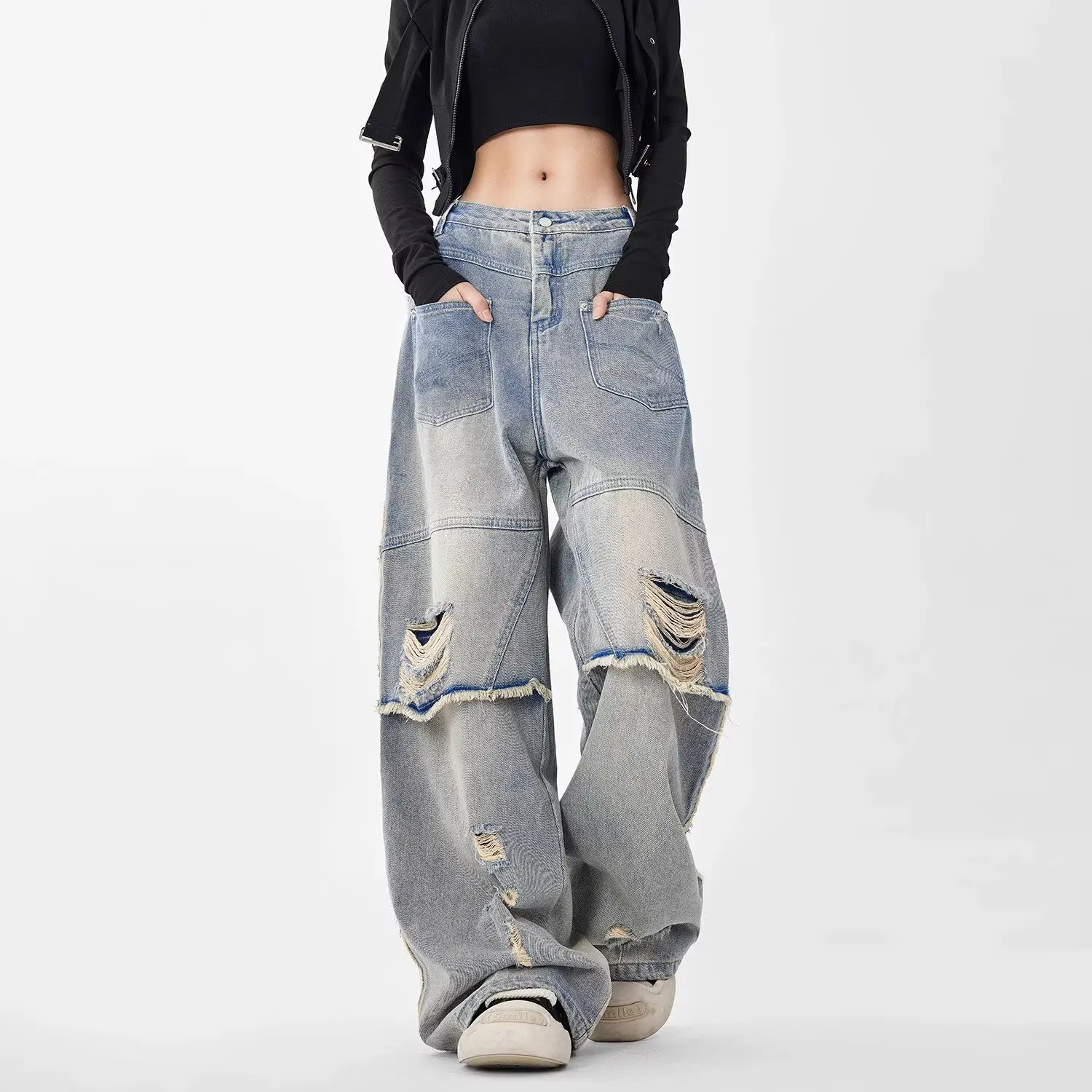 

Baggy Jeans Vintage Ripped Jeans Women's Distressed American Style Bell Bottoms Loose Fit Versatile Straight Leg Long Pants 2025