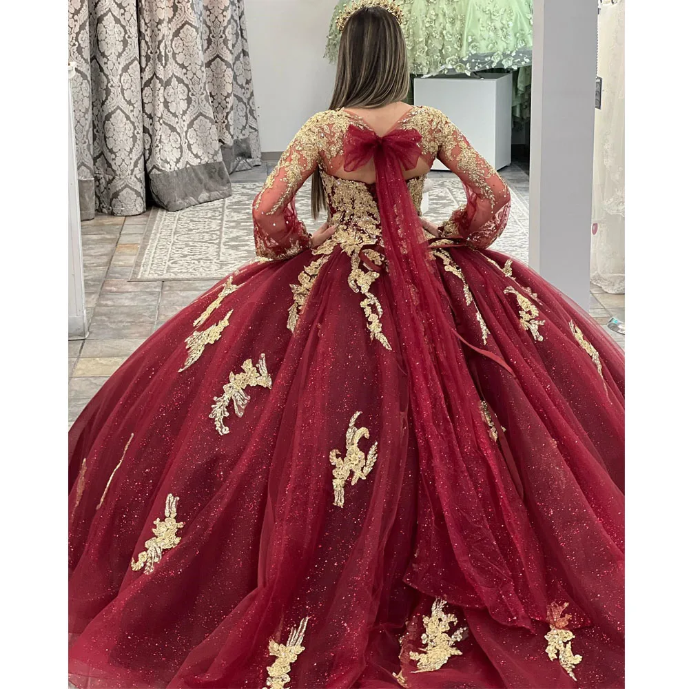 Robes de Quinceanera à manches longues en tulle bordeaux, robe de Rh, robe de princesse, Rotterdam Kly, 15 Anos Sweet 16, 2023