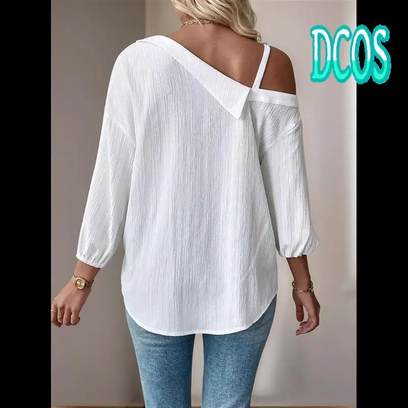 

DCOS-Women's Asymmetrical Cold Shoulder Collar Neck Long Sleeve Button Down Blouse Shirts Tops