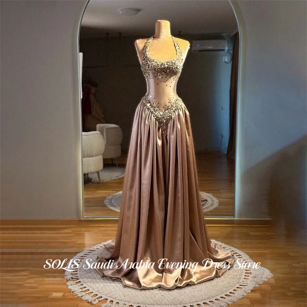 SOLIS Champagne Prom Dresses Halter Neck Gala Dresses Sexy Open Back Saudi Arabic Beading On Chest Evening Party Gown Customized