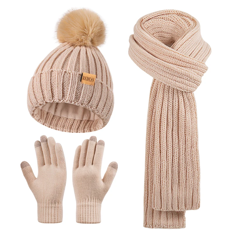 Winter Beanie Hat Scarf Gloves Set for Women，Womens Beanie with Pom Pom Long Scarf Neck Warmer Touchscreen Gloves 3 in 1 Set