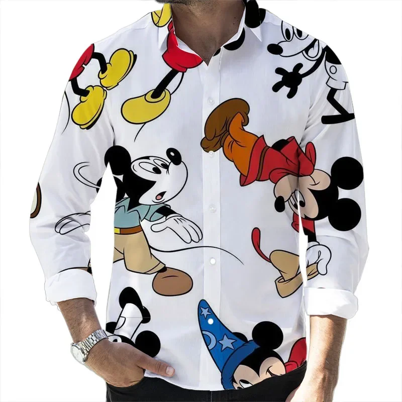 2023 Fall Hot Sale Disney Cartoon Mickey Stitch Casual 3D Printed Long Sleeve Lapel Shirt Mickey Stitch Branded Men\'s Tops