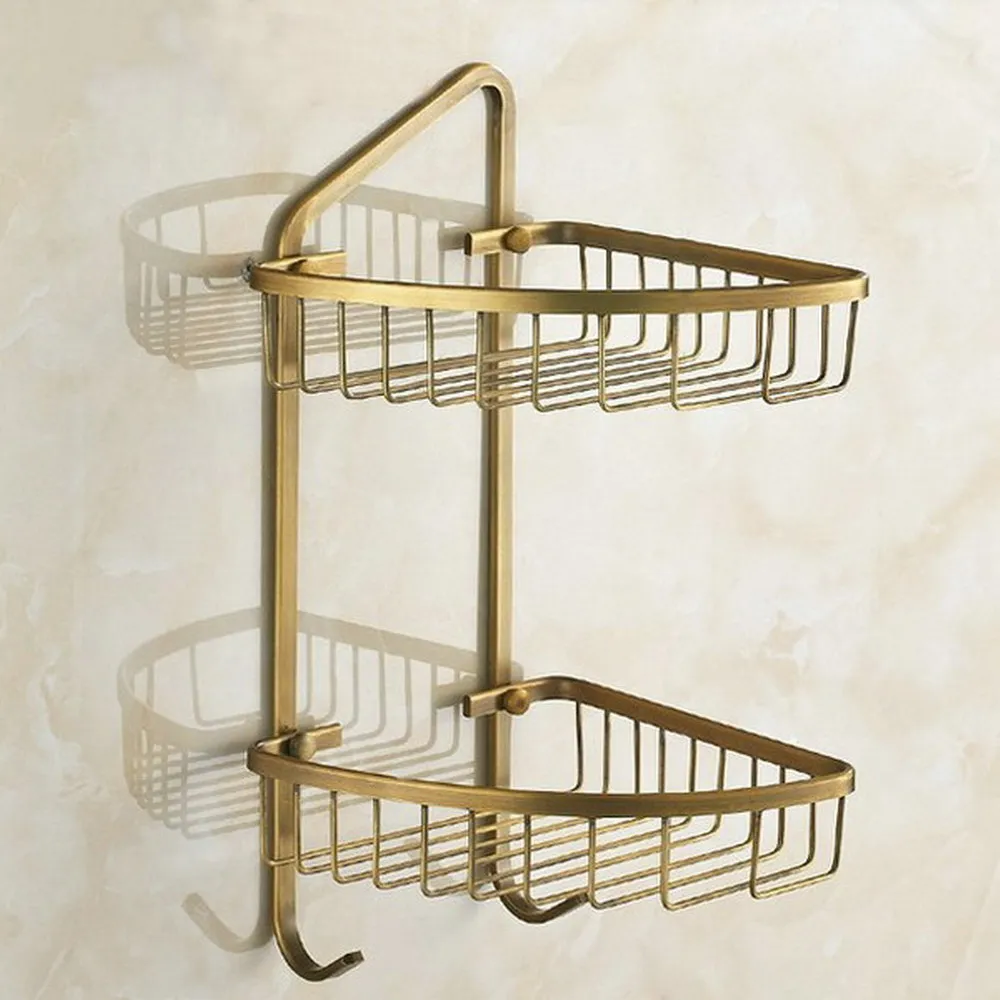 Wall Mounted Antique Brass Shelf Double Layer Shower Bath Cosmetic Storage Holder   Bathroom Corner Basket Rack Nba046