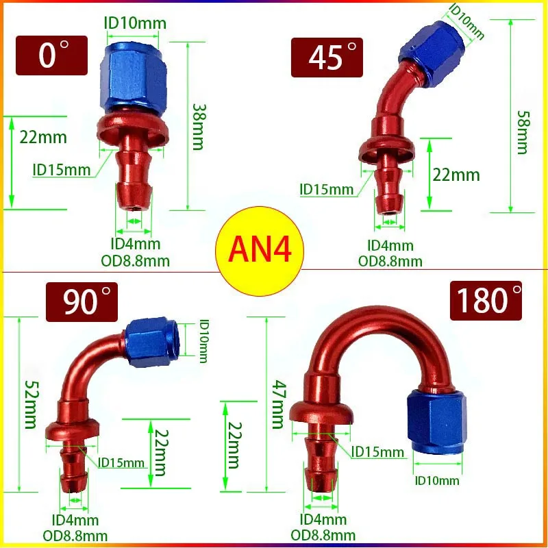 HQ 2Pcs Push-on Hose End Fittings AN4 AN6 AN8 AN10 AN12 Fuel Oil Cooler Hose Fitting Aluminum Alloy Reusable Connection Adapter
