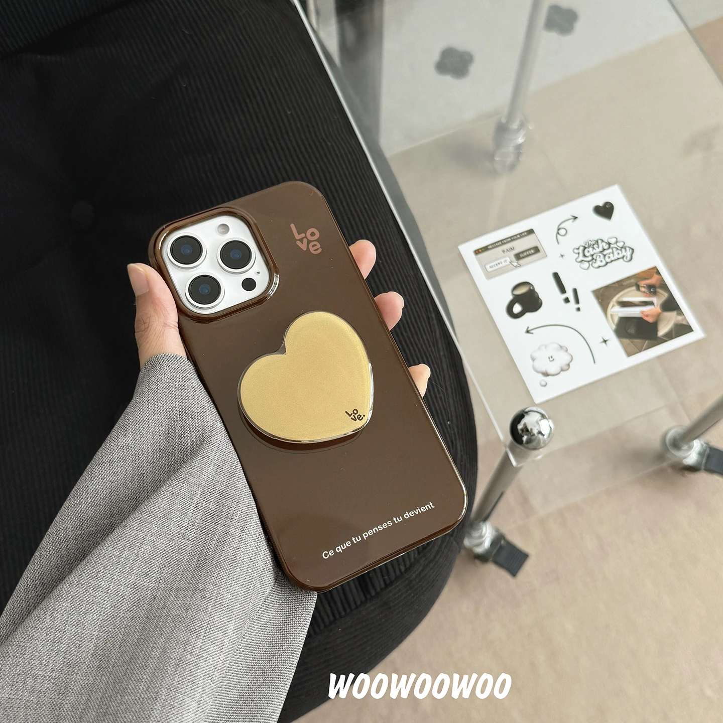 Korean Cute 3D Yellow Love Heart Holder Stand Glossy Phone Case For iPhone 16 15 14 13 Pro Max Simple Shockproof Protect Cover