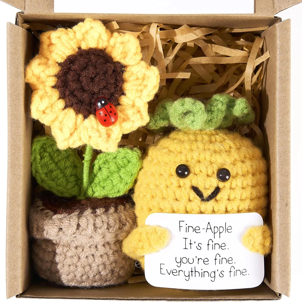 2PCS Positive Emotional Support Pineapple Sunflower Pot Home Room Decoration Crochet Pineapple Dolls With Card Christmas Gift