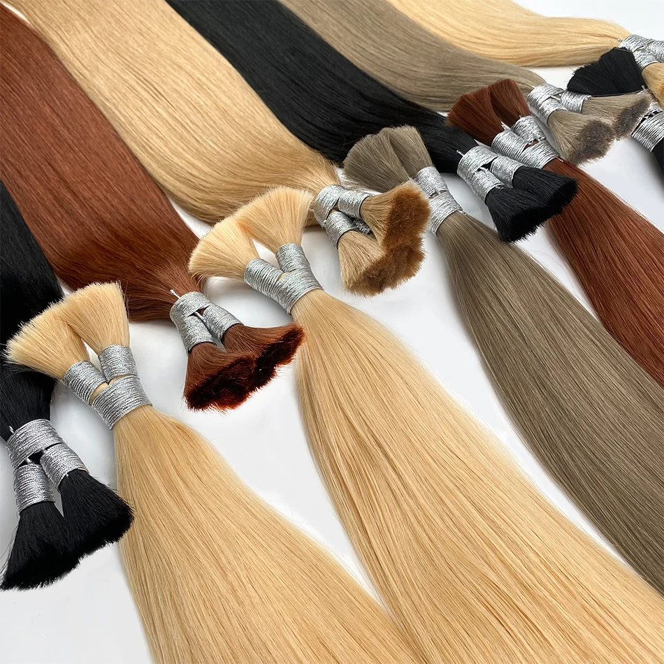 인모 벌크 100% 정품 고품질 버진 천연 무가공 헤어 번들 10A 등급 직조용 웨프트 없는 스트레이트 헤어