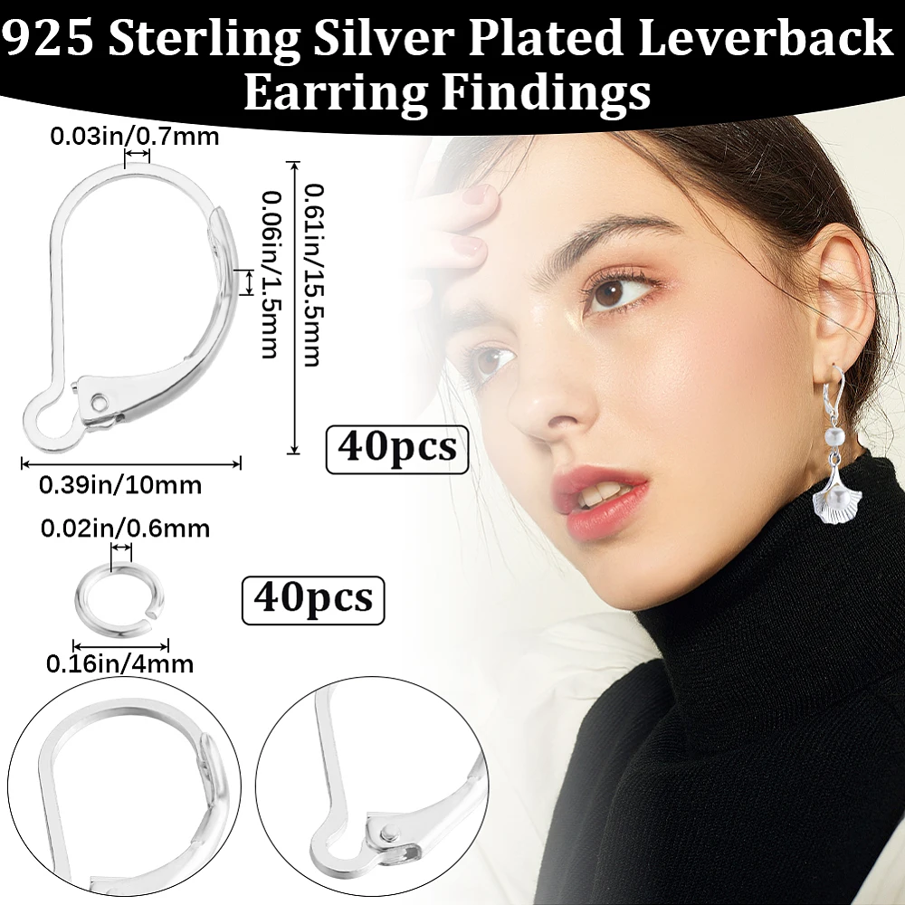 40Pcs Leverback Earring Findings 925 Sterling Silver Plated 15.5x10x1.5mm French Earring Hooks with 40Pcs Jump Ring