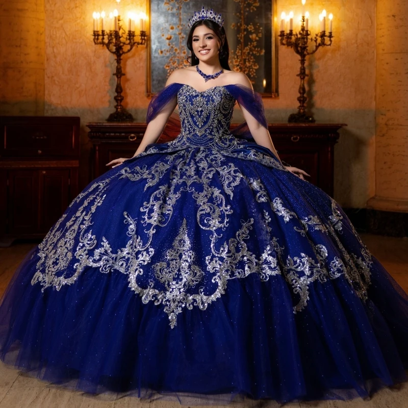 Navy Blue Glitter Quinceanera Dresses Off Shoulder Ball Gown Sweet 16 Dress Applique Beads Tull Party Birthday Vestidos 15 anos