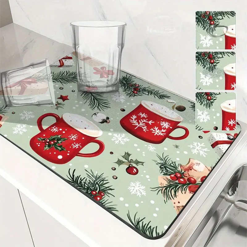 VIKAMA Christmas Tableware Draining Mat Mug Print Absorbent Quick Dry Kitchen Mat Non Slip Countertop Rug Holiday Home Decor