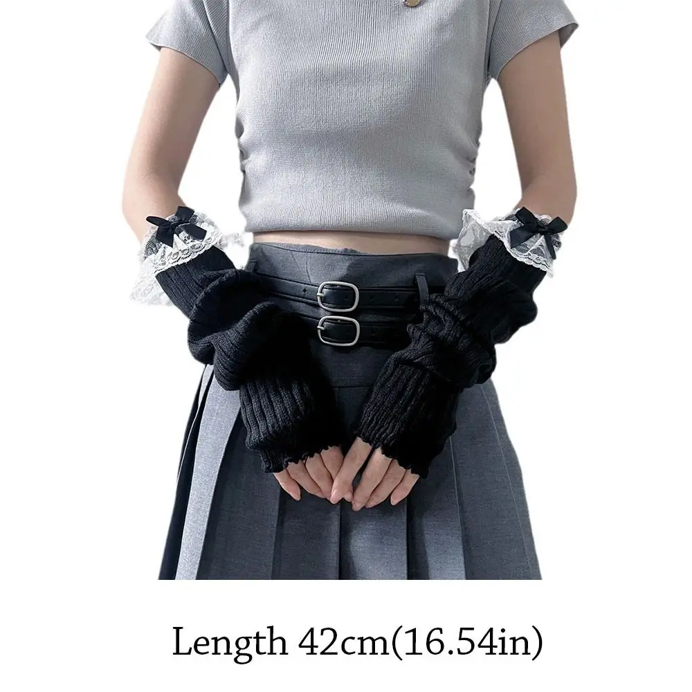 Fingerless ยาวถุงมือปลอมแขนสีดําสีขาวข้อศอก Mittens แขนแขนอุ่นถักถุงมือสําหรับสตรี