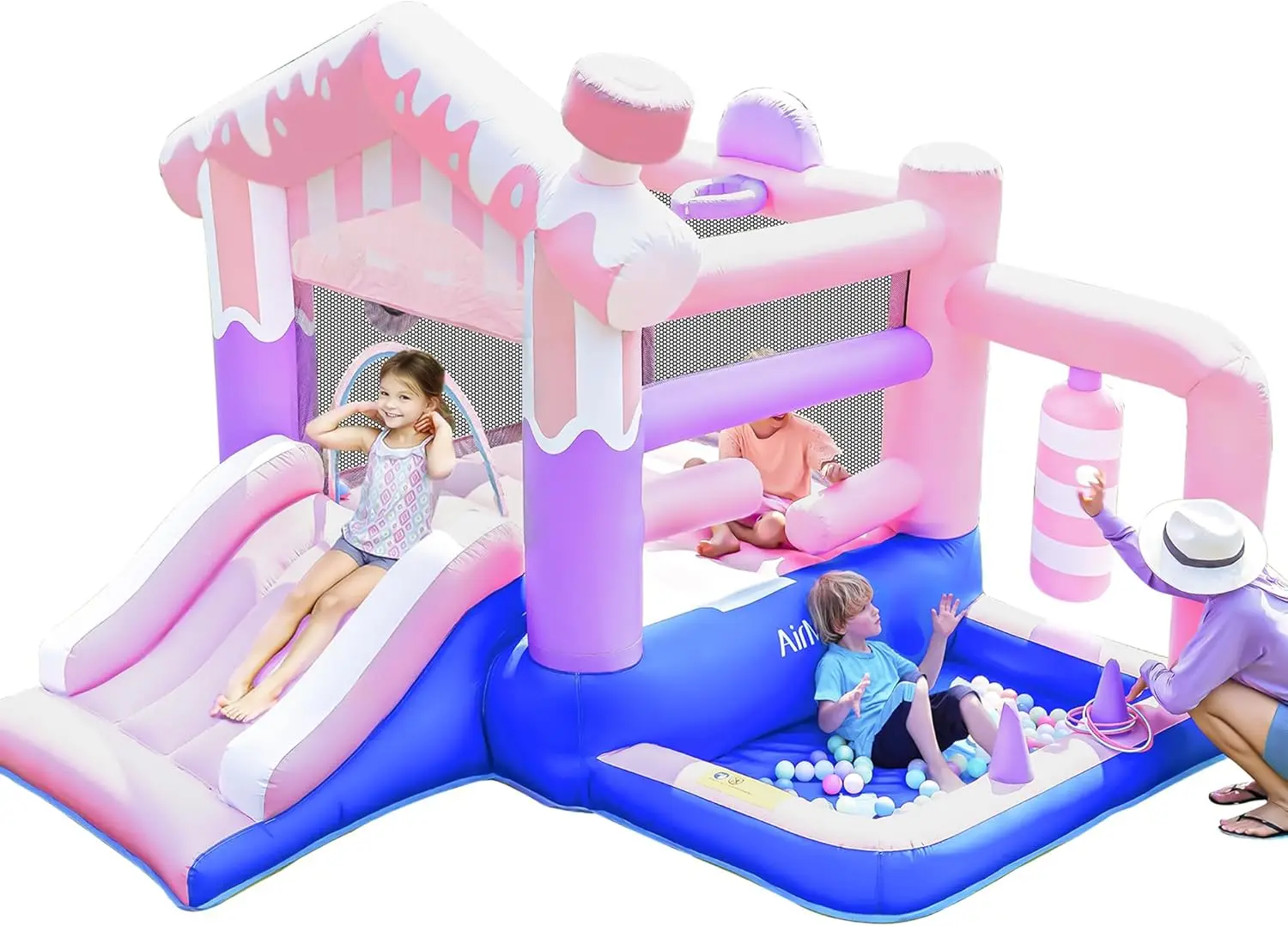 Roze opblaasbaar springkasteel met ijsthema voor kinderen - springkasteel voor binnen en buiten met glijbaan, ballenbak, sloopbal en bou