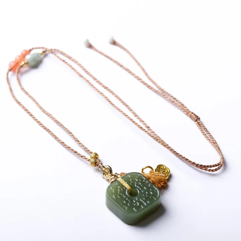 

Natural Hetian Jade Peace Buckle Necklace with South Red Agate Jadeite Lanyard Sweater Chain Lucky Fortune Gifts