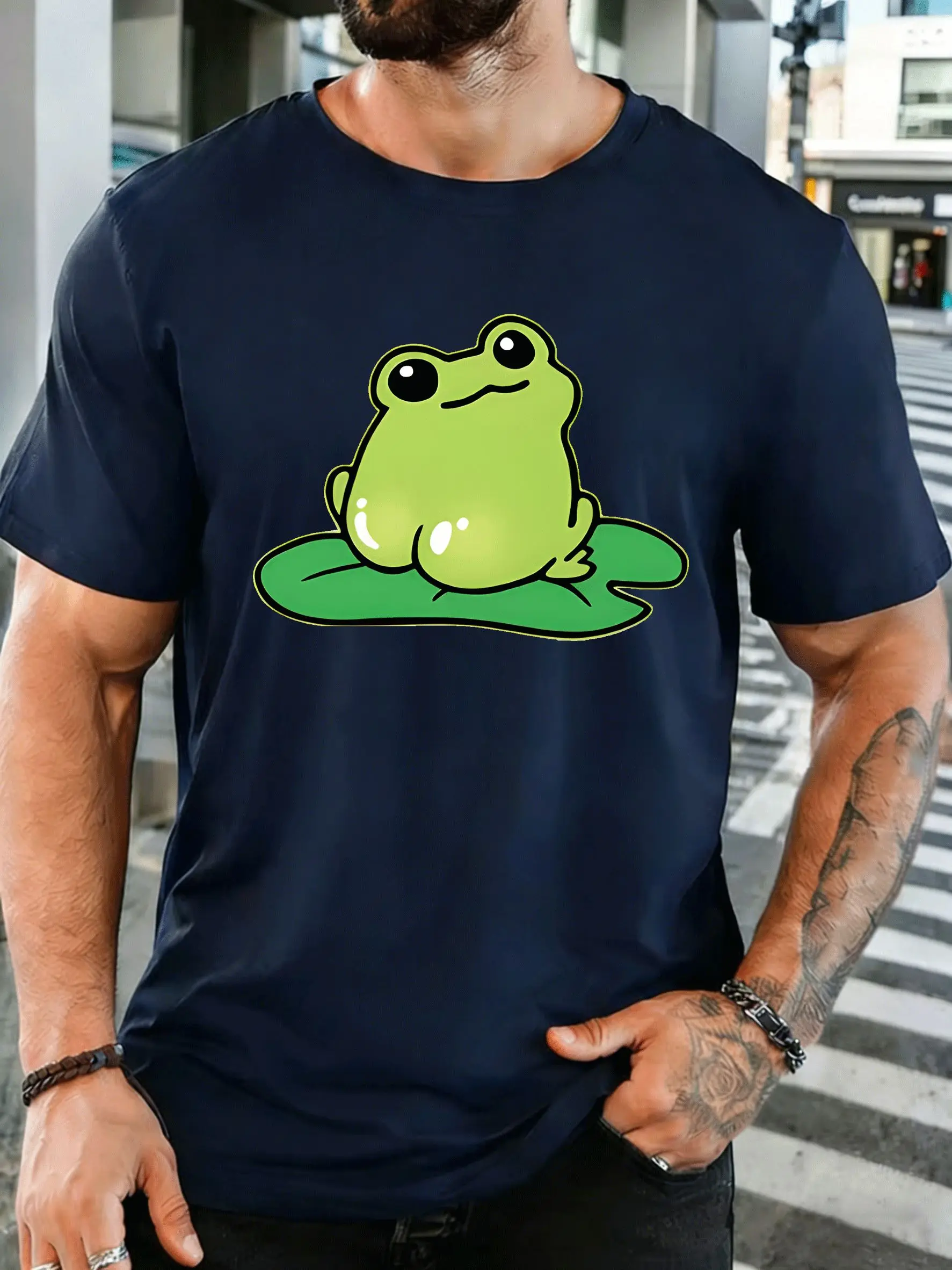 Cute Green Frog On Lotus Leaf Mens Front Print T Shirt Funny Amphibian Graphic Tee Casual Short Sleeve Top Animal Lover Gift