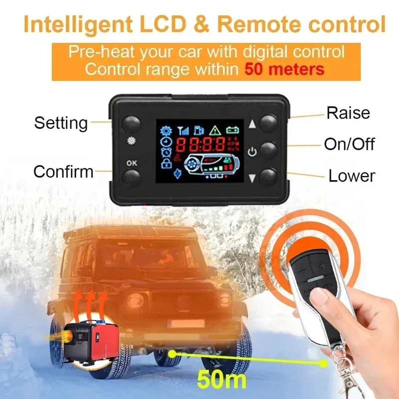 자동차 디젤 보조 공기 히터, 디젤 주차 히터, LCD 리모컨 엔진 예열기 워머, 3 in 1, 5KW, 12V, 24V, 220V