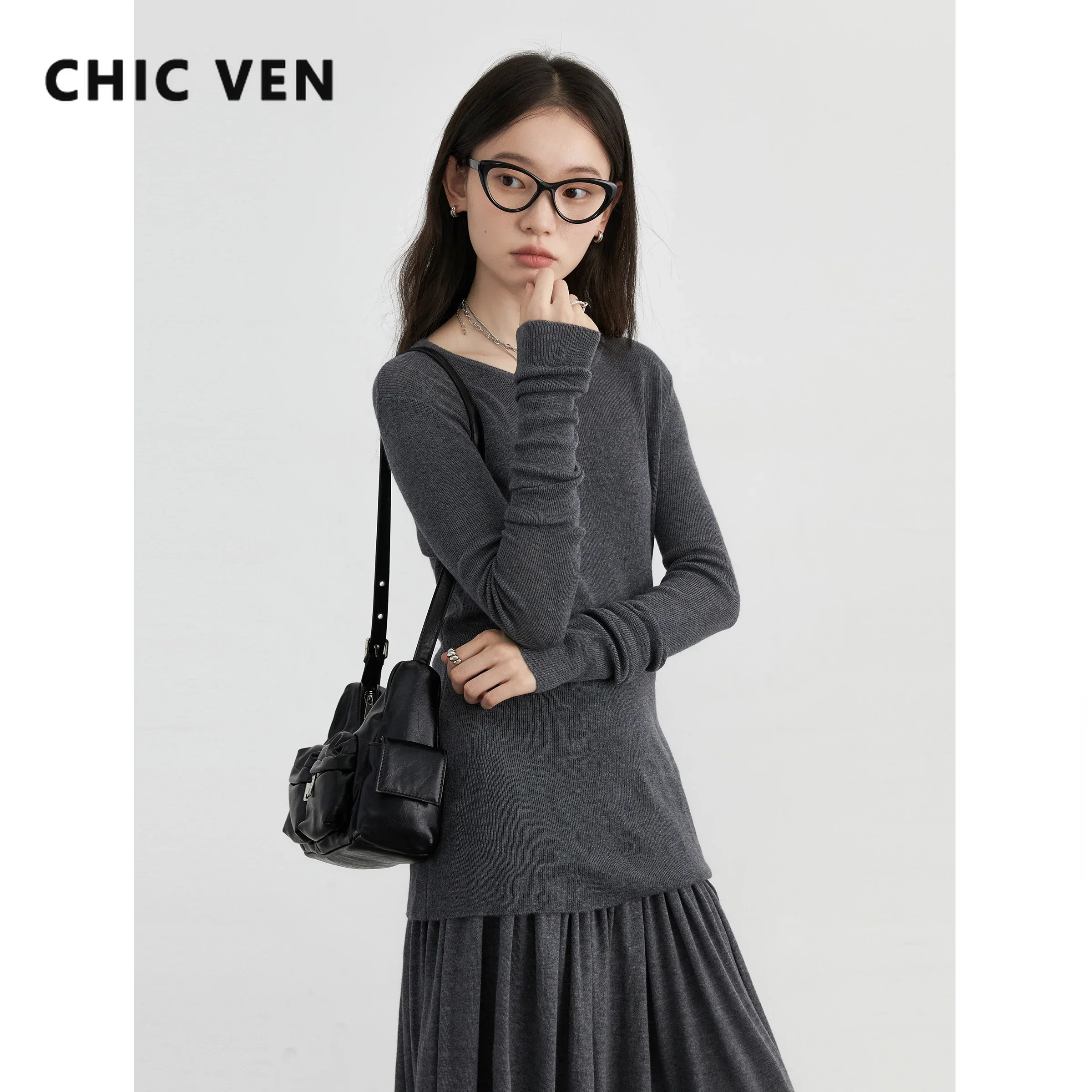 CHIC VEN Women Sweaters Solid Slim Round Neck Female Jumpers Elastic Waist Pleated Woman Skirt Set Spring Autumn 2024