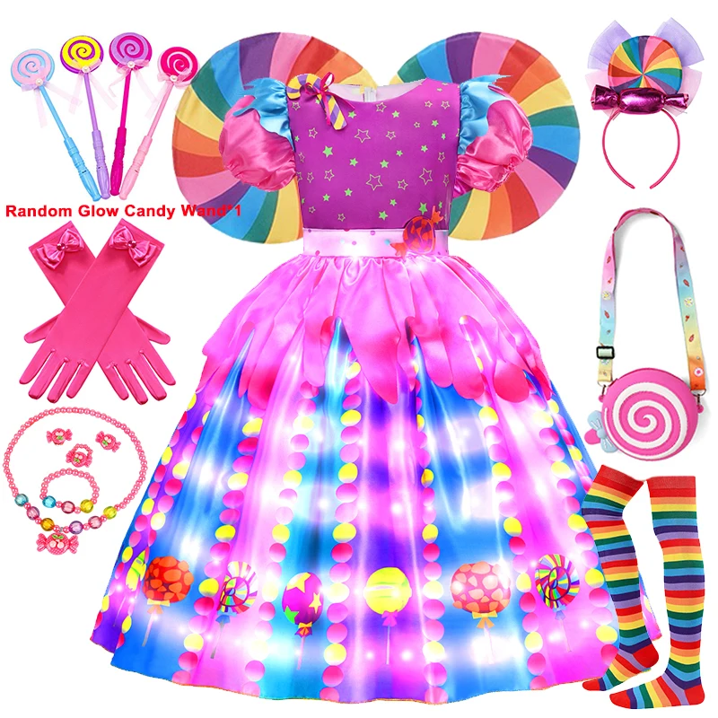 2025 Purim niñas LED vestido de princesa caramelo niños carnaval piruleta Cosplay disfraz fiesta de noche vestido de baile vestidos tutú de arco iris