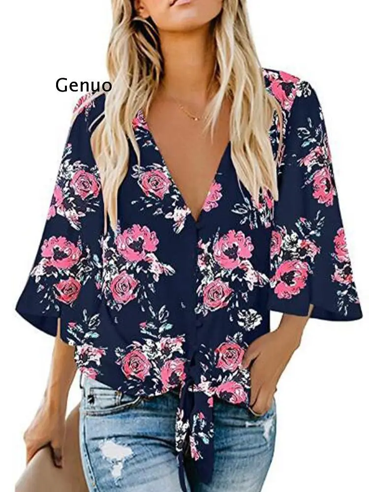 

Floral Blouse Women's Casual Tops Batwing Sleeve Loose Fitting Shirts Boho Knot Tops Shirts Blouse