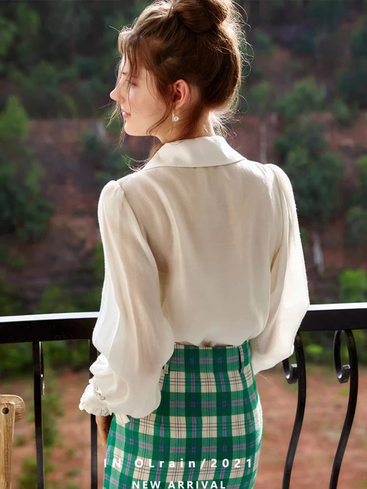 OLrain Puff sleeve Shirt Autumn 2025 Woman Elegant Solid Long Sleeve Shirts Pleats Button Lightweight Ladies Blouse O21QC52660