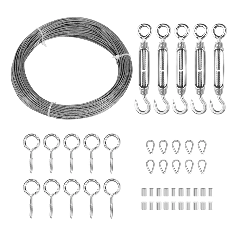 

1Set 1/16Inch Turnbuckle Wire Tensioner Kit 115Ft Wire Rope Hook And Eye Turnbuckle Kit Silver