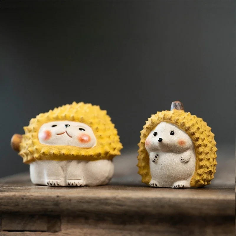 Handmade Yixing Zisha Durian Hedgehog Cat Tea Pet Cute Figurine Teapot Animal Decor Tea Set Accessory Gift Box