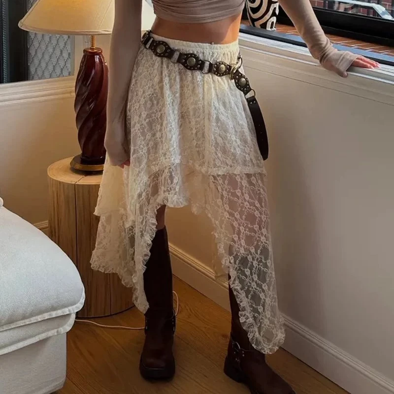 Retro Layered Lace Half Skirt Women's Summer New Style Beach Vacation Slimming Skirt High Waist A-Line Hollow-out Thickness