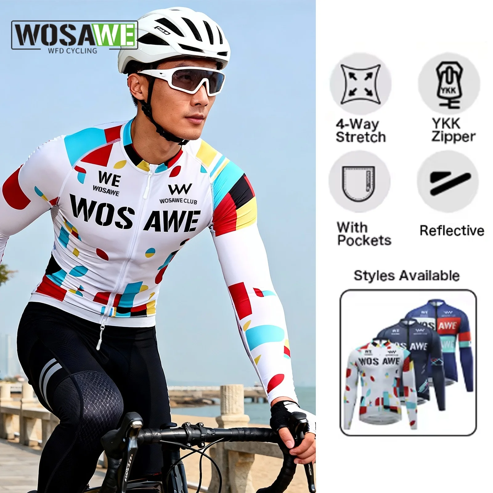 

WOSAWE Men's Cycling Shirts Long Sleeve for Men Biking Clothing Bicycle Road Mountain MTB Bike Jersey Full Zipper with 3 Pocke