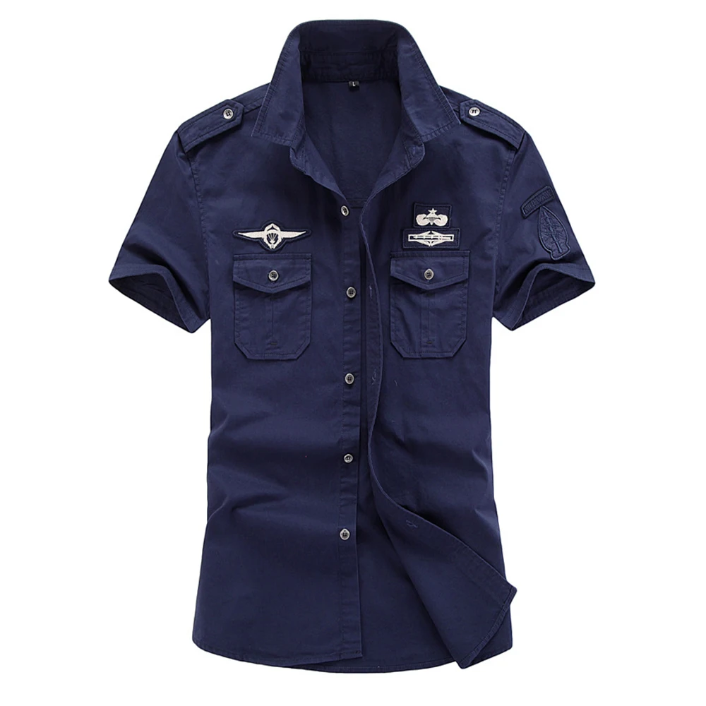 Summer Short Sleeve Shirt Pilot Fashion Uniform Badge Short Sleeve Shirt Large Size Casual Slim Solid Color Top Men\'s Clothing