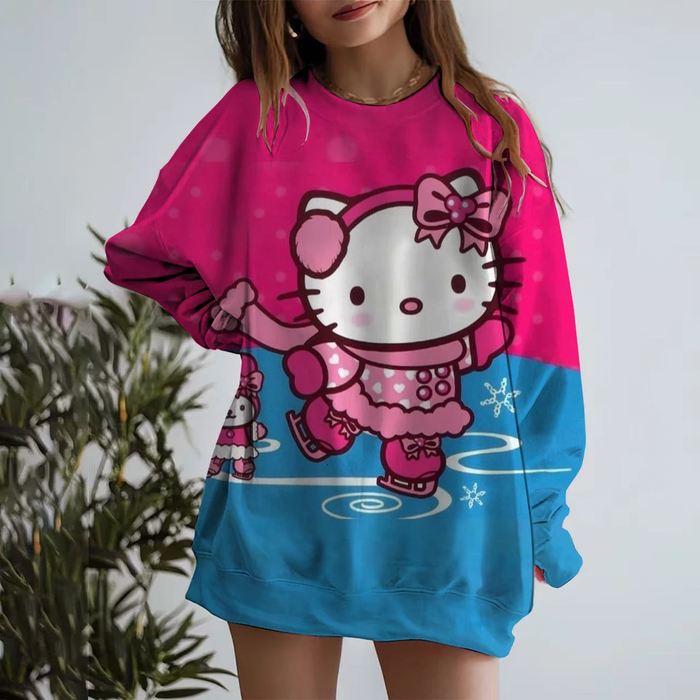 Women's Hello Kitty Printed Sweatshirt, High Street Women's Hoodie, Y2K Pattern Clothing, Casual Round Neck Sweater