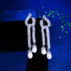 CWWZircons Geometric Cubic Zirconia Long Dangle Tassel Water Drop Pearl Pageant Wedding Party Engagement Earring for Women CZ990