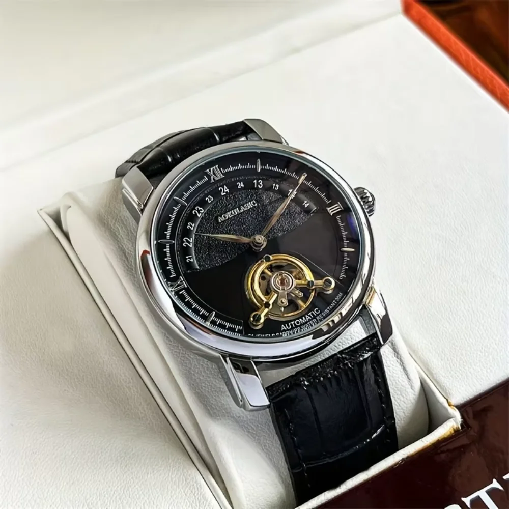 Luxury Men's Automatic Mechanical Watch - Stylish Hollow Design, Fashionable Business Casual Style, Alloy Case and Leather Strap, Trendy and Versatile High-End Men's Model, Popular Gift Choice, Cost-Effective, Durable, Precise Mechanical Watch