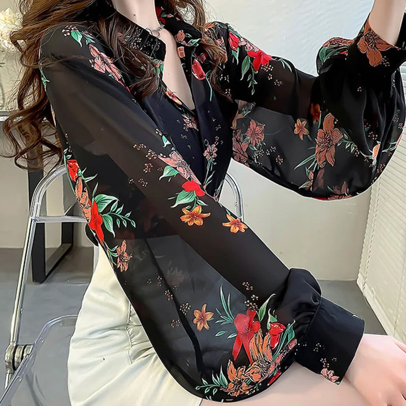 Fashion Temperament Long Sleeve Shirts Ladies Printing Perspective Women Clothing Summer Sexy Sunscreen Buttons Vintage Blouses