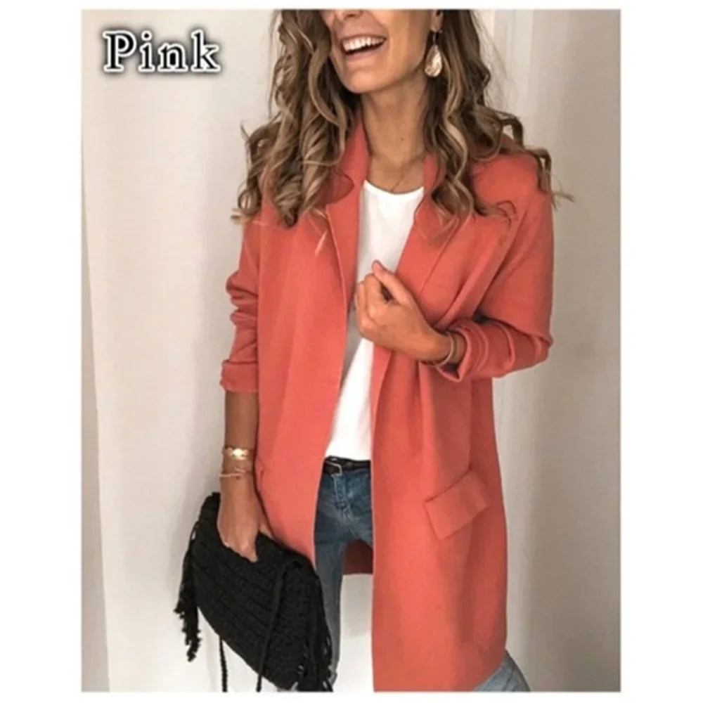 New Selling Women Fashion Casual Suit Jacket Solid Color Long Sleeve Turn-Down Collar Long Cardigan Coat