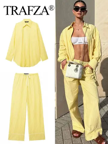Trafza feminino listra amarela blusa calça terno solto camisa de manga longa com cordão calças 2024 moda feminina streetwear outfits