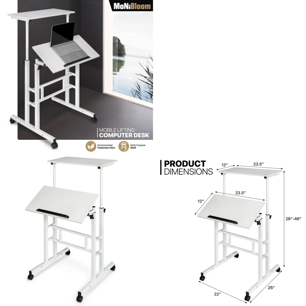 

Computer DesksAdjustable Height Stand Up Laptop Desk with Wheels for Office and Home Use