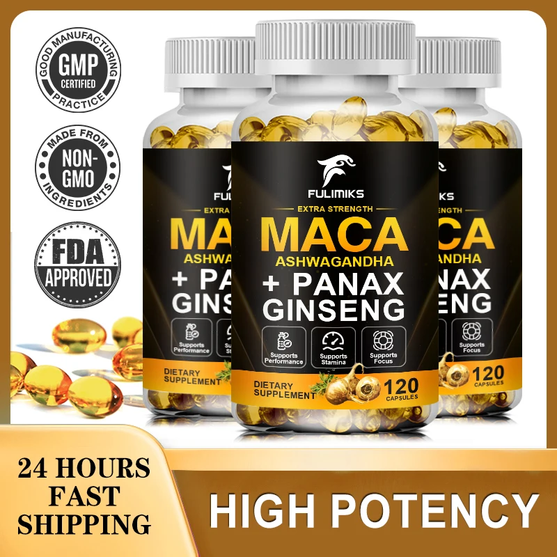 Maca ashwagandha + แคปซูลโสม Panax-ปลดปล่อยความเครียดและเพิ่มอะดรีนาลีนสุขภาพ, สนับสนุนภูมิคุ้มกันสุขภาพ, ไม่มี Gmo