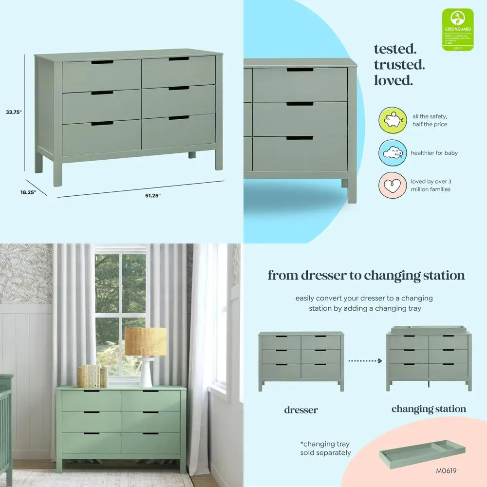 

6-Drawer Wooden Double Chest for Kids - Storage Furniture for Bedroom, Nursery, Living Room - Light Sage