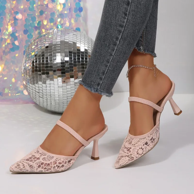 Vintage Khaki Hollow Lace Slide High Heels 7.5CM Flared Heel Point Toe Slip on Ladies Daily Dating Wedding Elegant Mule Footwear