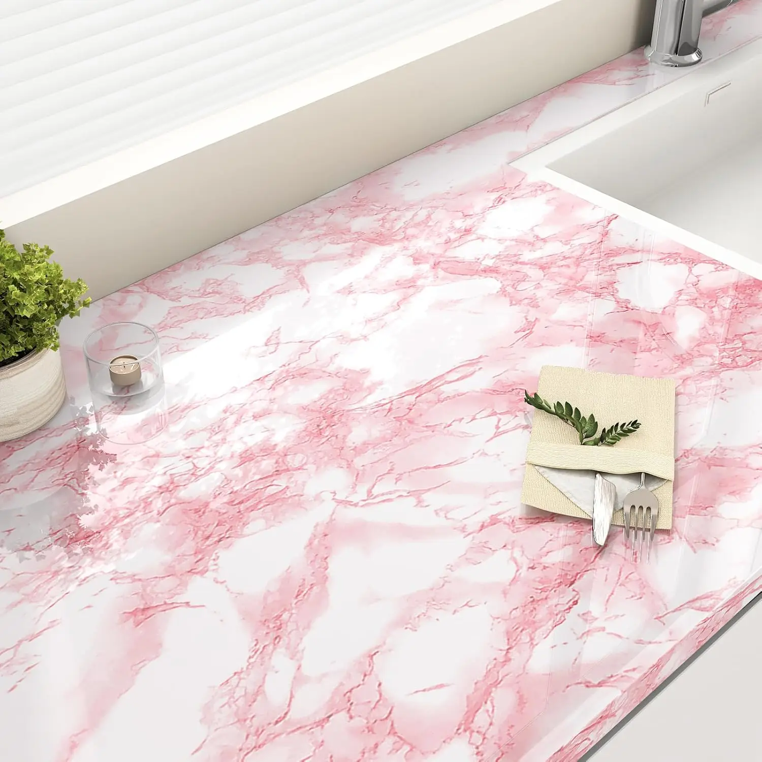 Pink Marble Self-Adhesive Wallpaper Glossy Waterproof Oil Proof Kitchen Countertop DecorGranite Contact Paper Sticker for Home