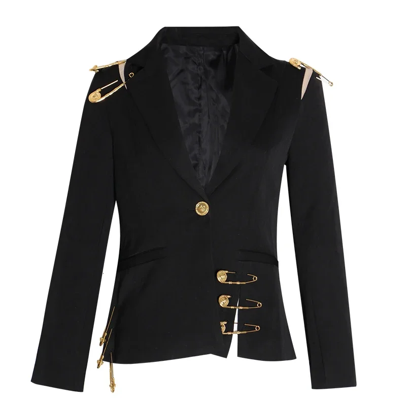 TWOTWINSTYLE Fashion Black Hollow Out Pin Spliced Jacket Blazer New Lapel Long Sleeve Loose Fit Women Coat 2022 Autumn Winter