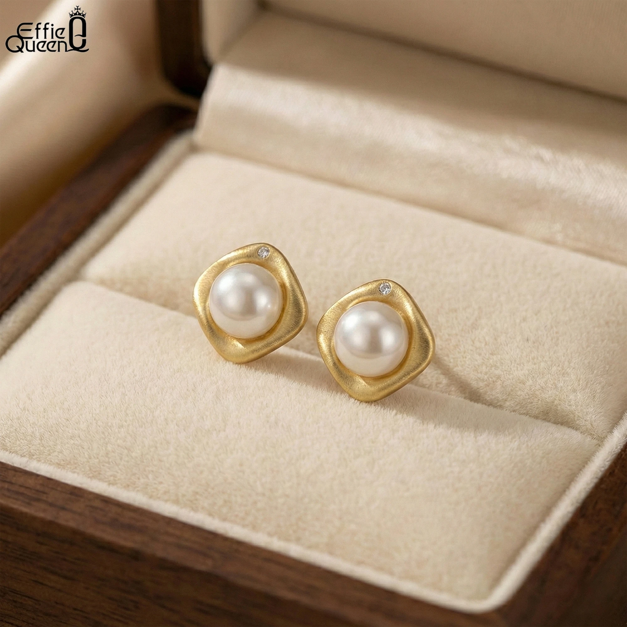 

Effie Queen 925 Silver Pearl Earrings 14k Gold Stud Earrings Fashionable Jewelry Ear Accessory Women's Earrings For Gift GPE99