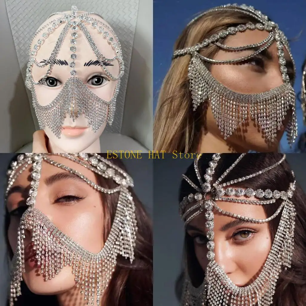 49MF Belly Dance for Rhinestone for Head Chain Crystal Tassel Pendant Mask Chain Novelty Hair Styling Tool for Masquerade Cos