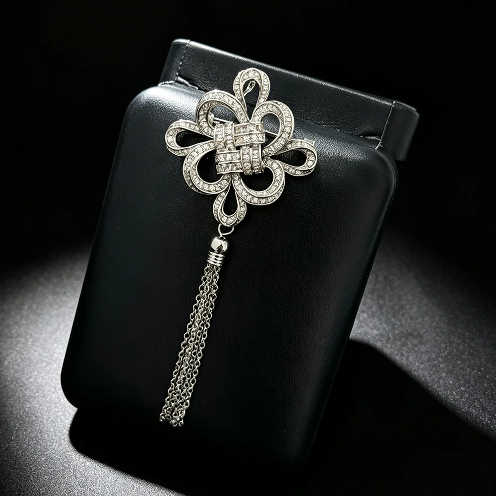 OKILY Exquisite High-end Men and Women AAAA Zircon Chinese Knot Fringed Brooch with Tassel Pins Temperament Suit Coat Corsage