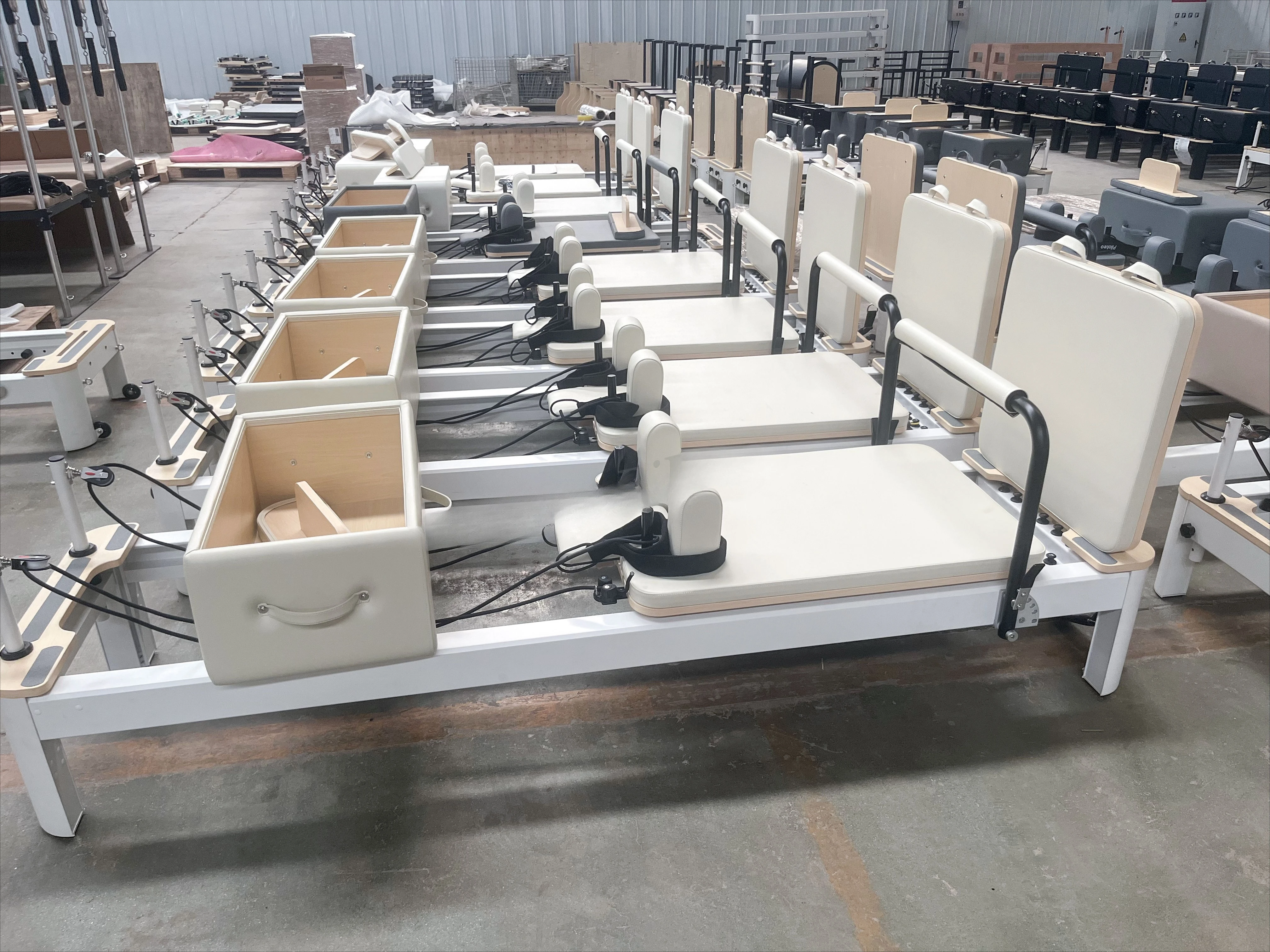 Studio and Personal White Aluminium Pilates Reformer with Sitting Box Extender Double Loop Straps