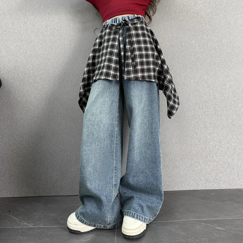 

Junior Girls Pant Autumn Korean New Plaid Patchwork Children Girls Trousers Elastic Waist Teenager Girls Straight Leg Jean