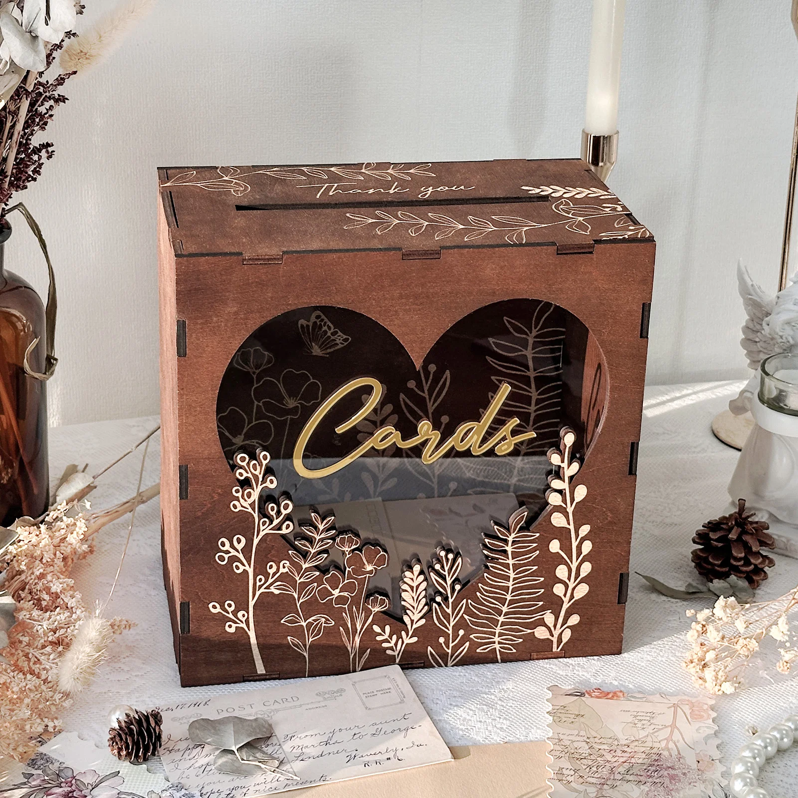 

Heart Shaped Acrylic Window Wooden Wedding Card Box, Rustic Wedding Card Box for Wedding Decoration Graduation Party Birthday