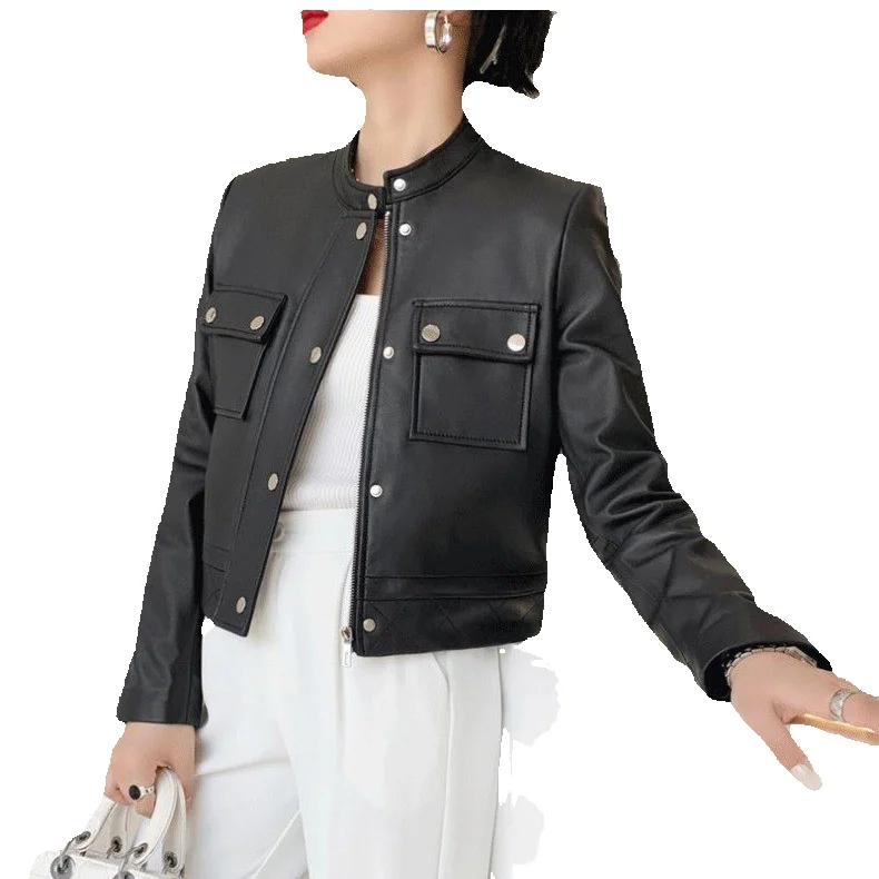 New Genuine Leather Jacket For Women's Top Layer Sheepskin Short Standing Collar Motorcycle Leather Jacket With Versatile Temper